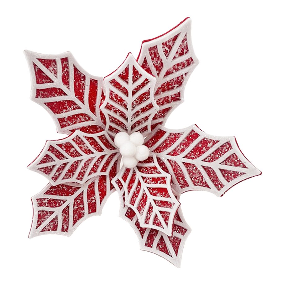 POINSETTIA HEAD RED/ WHITE 8" FELT FROSTED LOOK W/ CLIP