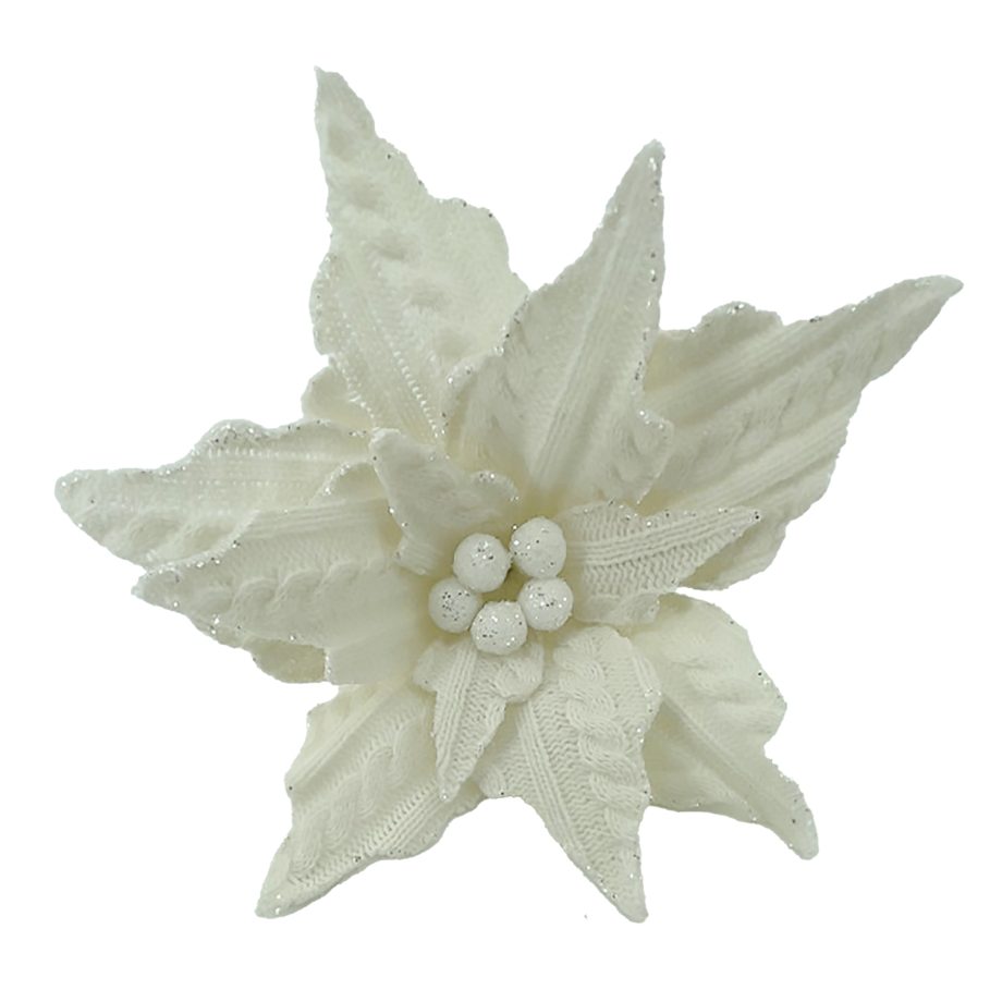 POINSETTIA HEAD IVORY 7.5" KNITTED FABRIC W/CLIP