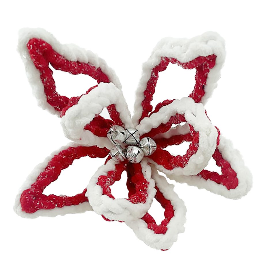 POINSETTIA HEAD RED /WHITE 8.5" HOLLOW PETALS W/ BELLS & CLIP