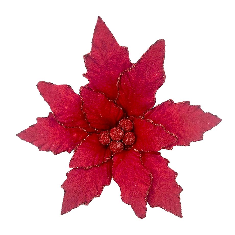 POINSETTIA HEAD RED 7.5" VELVET W/ GLITTER & CLIP