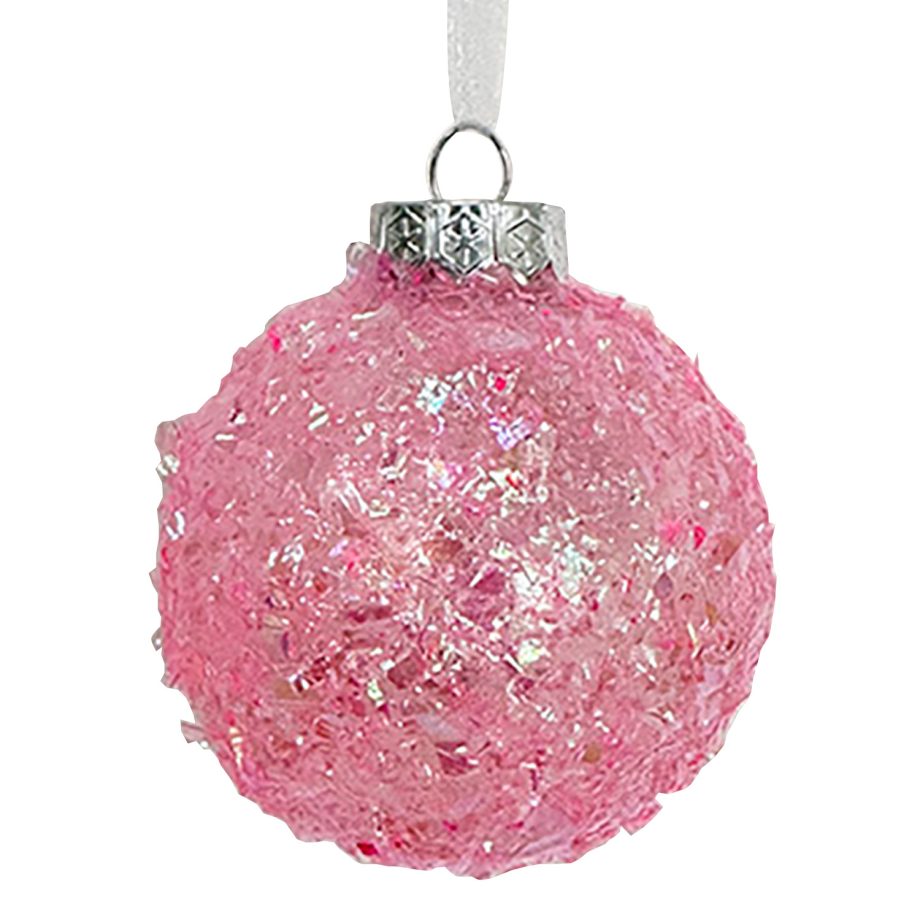 BALL DECOR PINK 80MM CLEAR W/ IRIDESCENT GLITTER