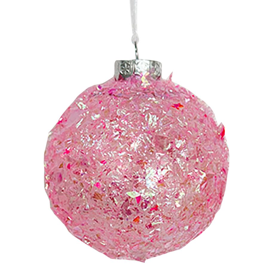 BALL DECOR PINK 100MM CLEAR W/ IRIDESCENT GLITTER