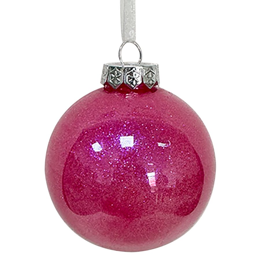 BALL DECOR PINK/ FUCSHIA 100MM CLEAR W/ INSIDE GLITTER
