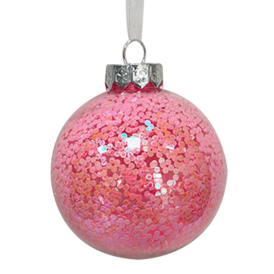 BALL DECOR PINK 80MM CLEAR W/ INSIDE GLITTER