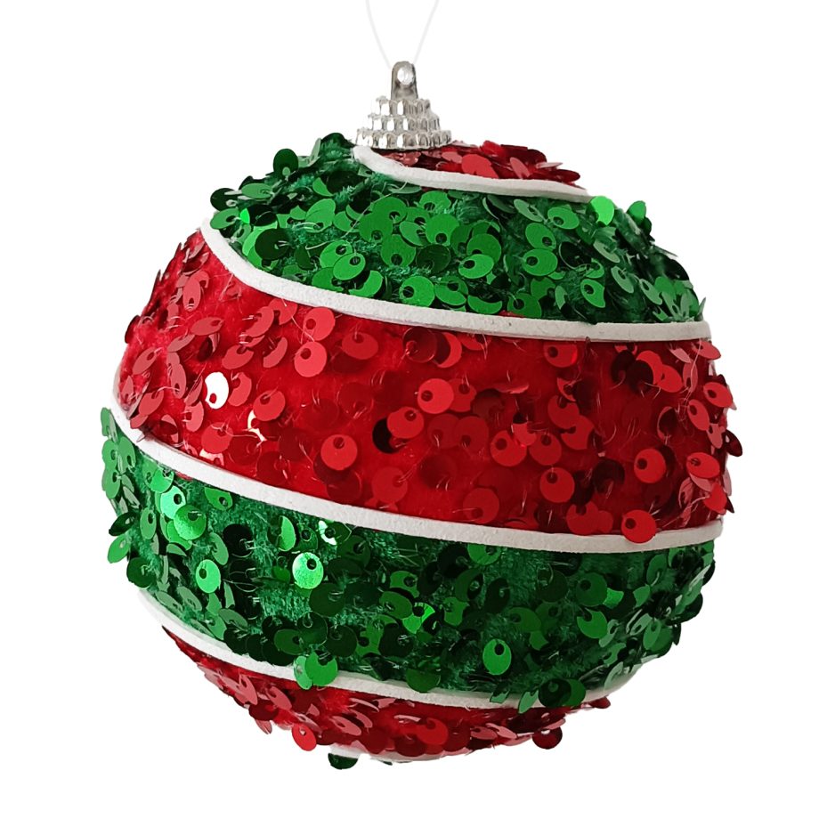 BALL FABRIC SEQUIN SWIRL 100MM RED/GREEN