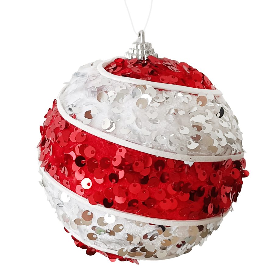 BALL FABRIC SEQUIN SWIRL 100MM RED/WHITE