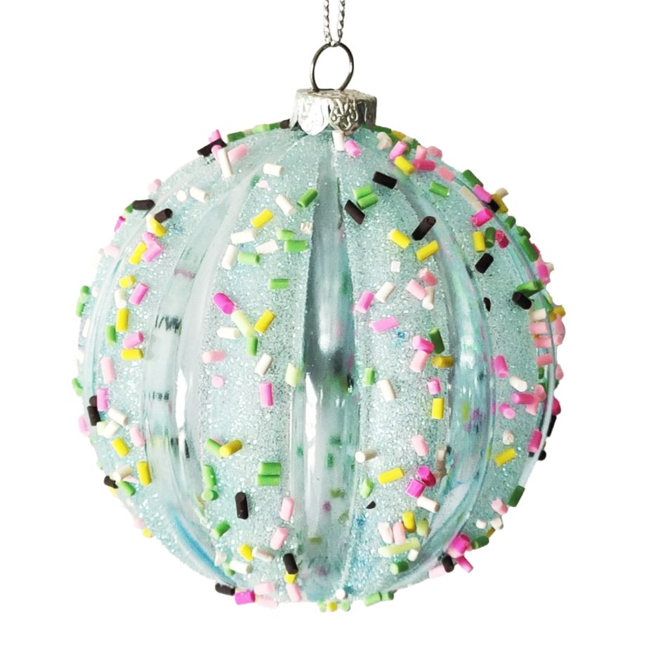 BALL DECOR BLUE 80MM MELLON W/ MULTI CANDY SPRINKLE