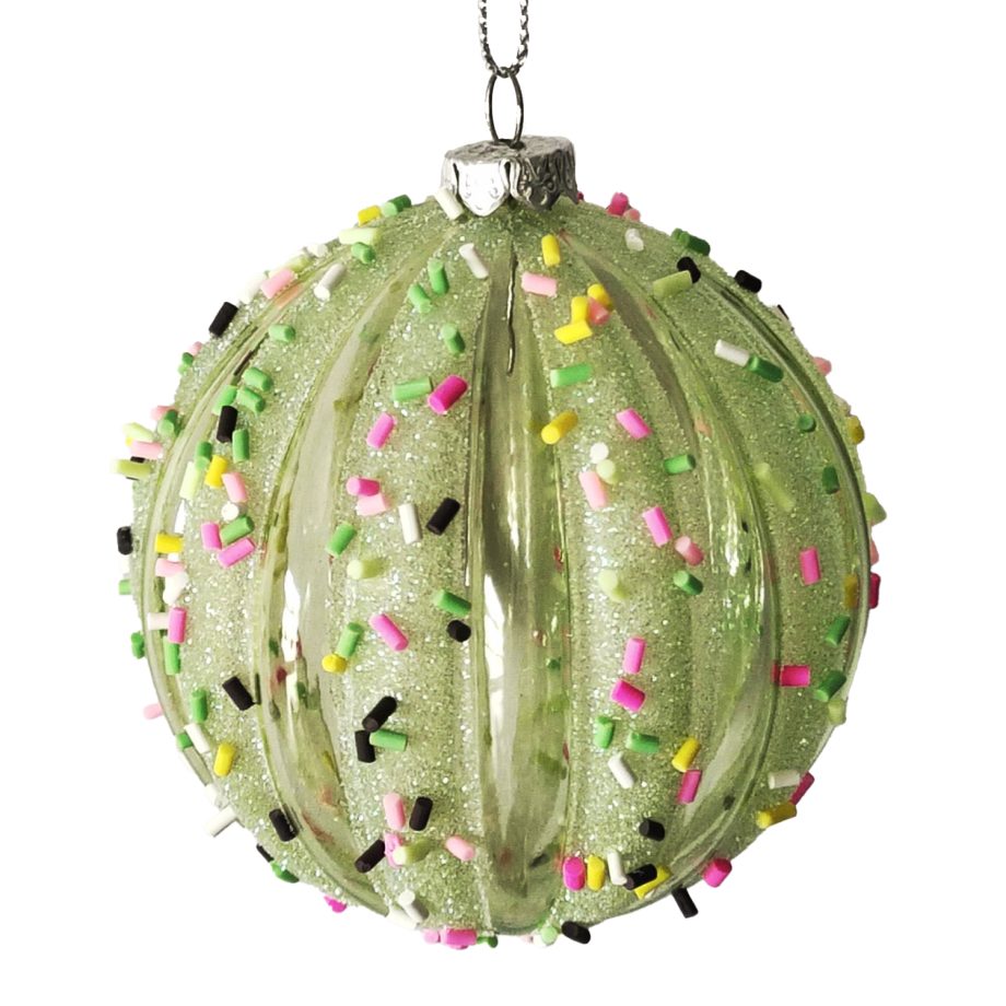 BALL DECOR GREEN 80MM MELLON W/ MULTI CANDY SPRINKLE