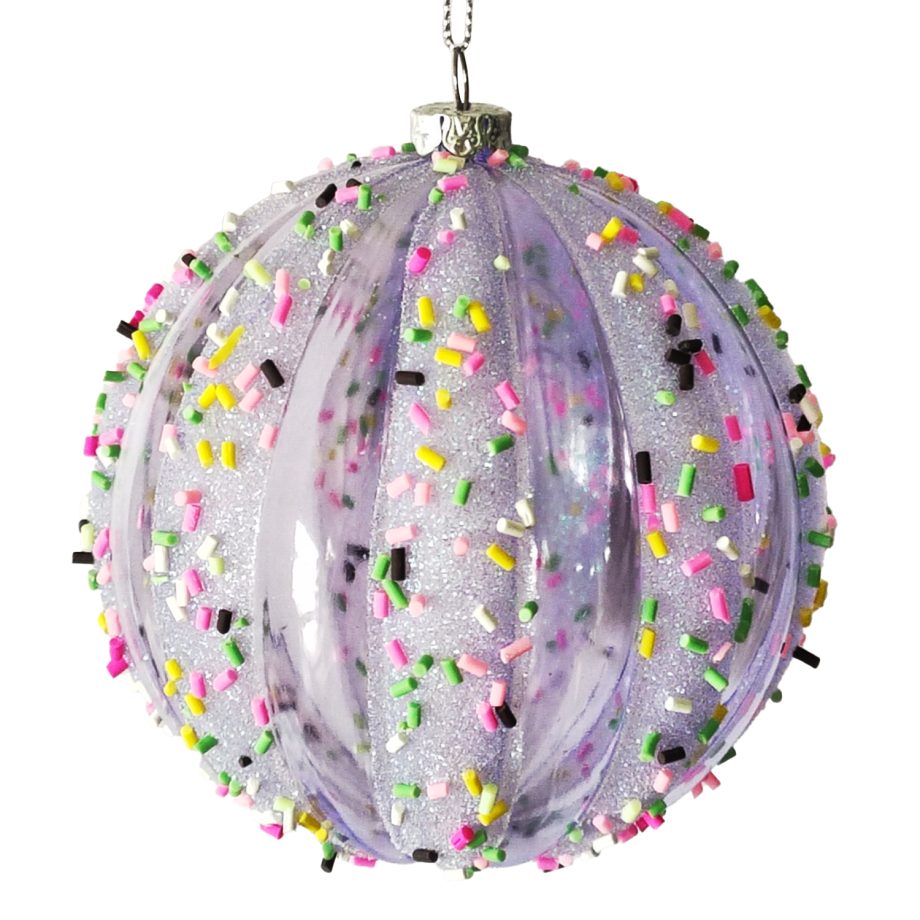 BALL DECOR PURPLE 100MM W/ MULTI CANDY SPRIKLE