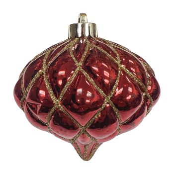 ORN. ONION 4.5" SHINY RED DIAMOND PT. W/ GOLD GLTR.