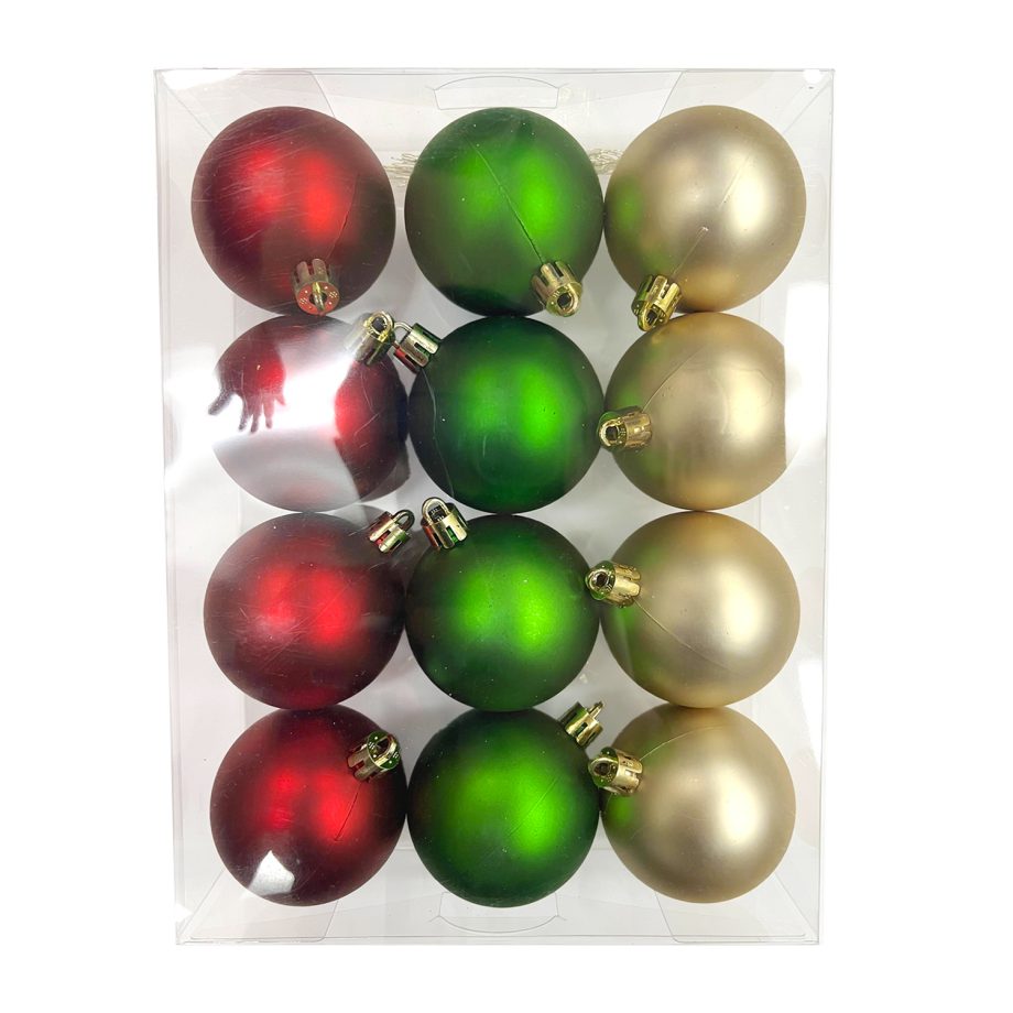 BALLS BOXED 12PCS 60MM MATT E RED/ GREEN/ GOLD