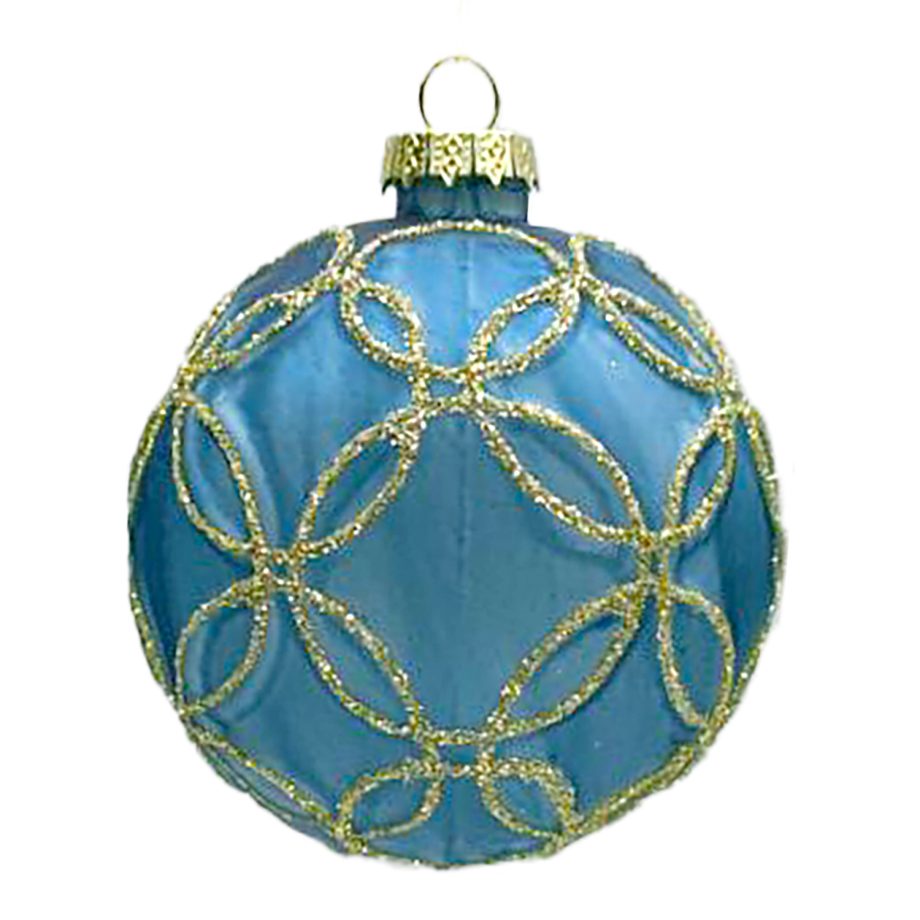ORN GLASS BALL 3" BLUE MATTE CIRCLE W/ SILVER GLITTER