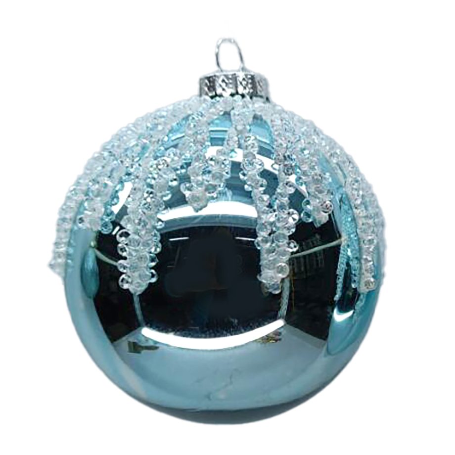 ORN GLASS BALL 3" BLUE ICE SHINY W/ ICE GLITTER