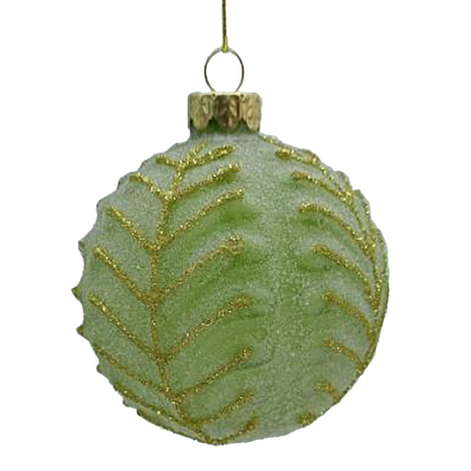 ORN GLASS BALL 3" GREEN MINT LEAF W/ FROST & GLITTER