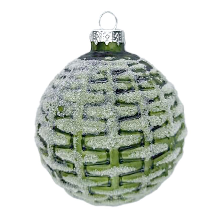 ORN GLASS BALL 3" GREEN FOREST WEAVE W/ FROSTING