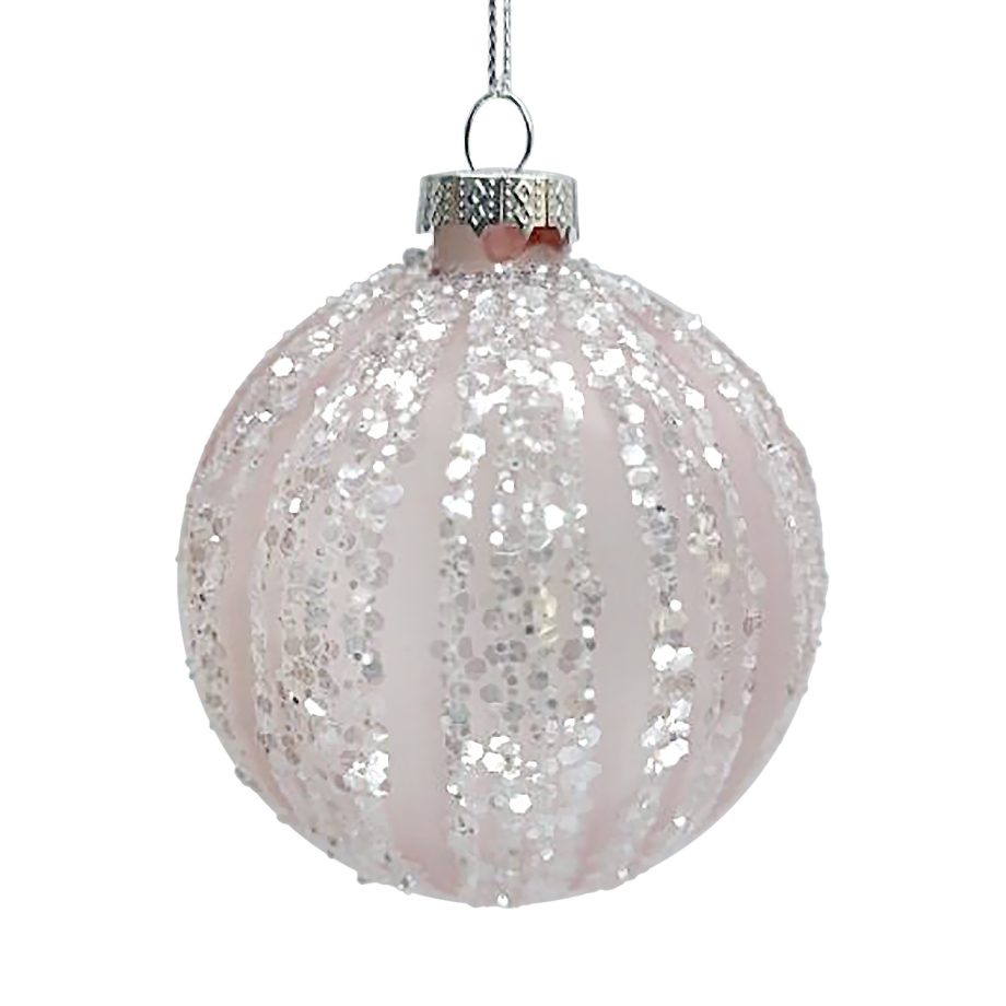 ORN GLASS BALL 3" PINK FROST MELON W/ WHITE ICE GLITTER