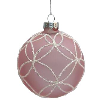 ORN GLASS BALL 3" PINK FROST FLORAL W/ WHITE GLITTER