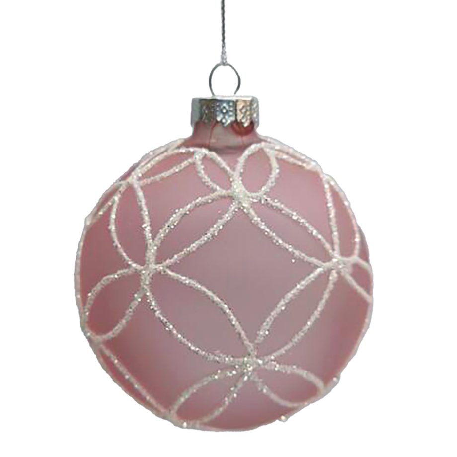 ORN GLASS BALL 3" PINK FROST FLORAL W/ WHITE GLITTER