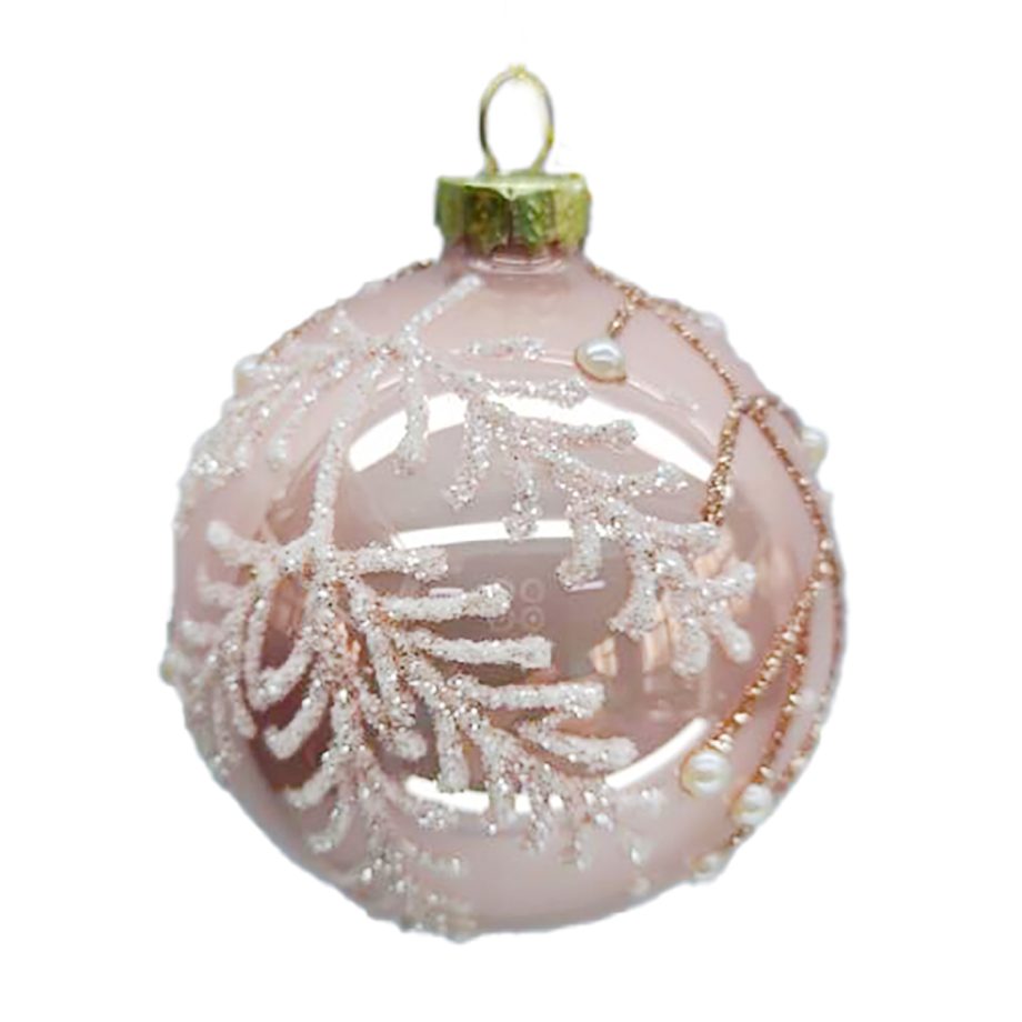 ORN GLASS BALL 3" PINK SHINY W/ PEARL & GOLD GLITTER
