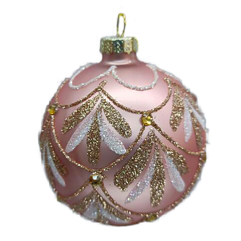 ORN GLASS BALL 3" PINK MATTE SCALLOP W/ GOLD/WHITE GLITTER