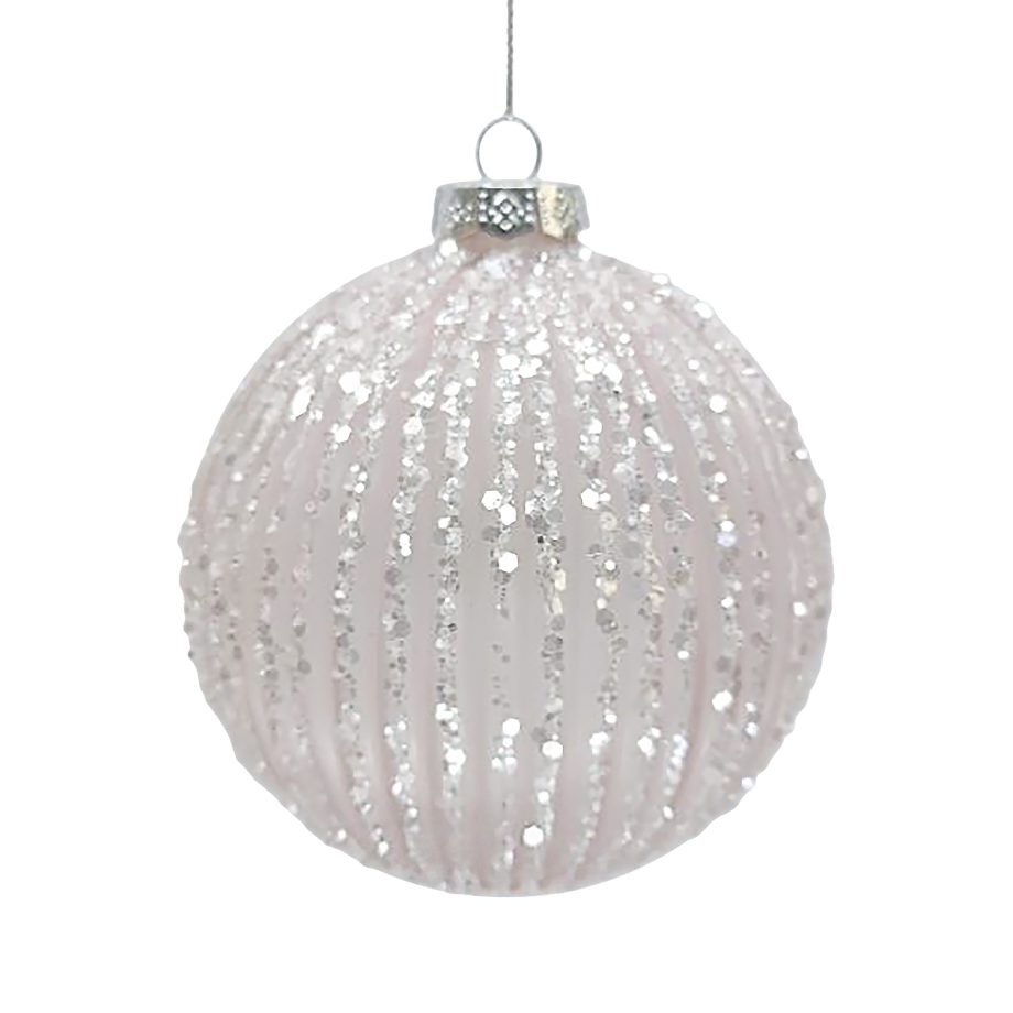 ORN GLASS BALL 4" PINK MATTE MELON W/ ICE GLITTER