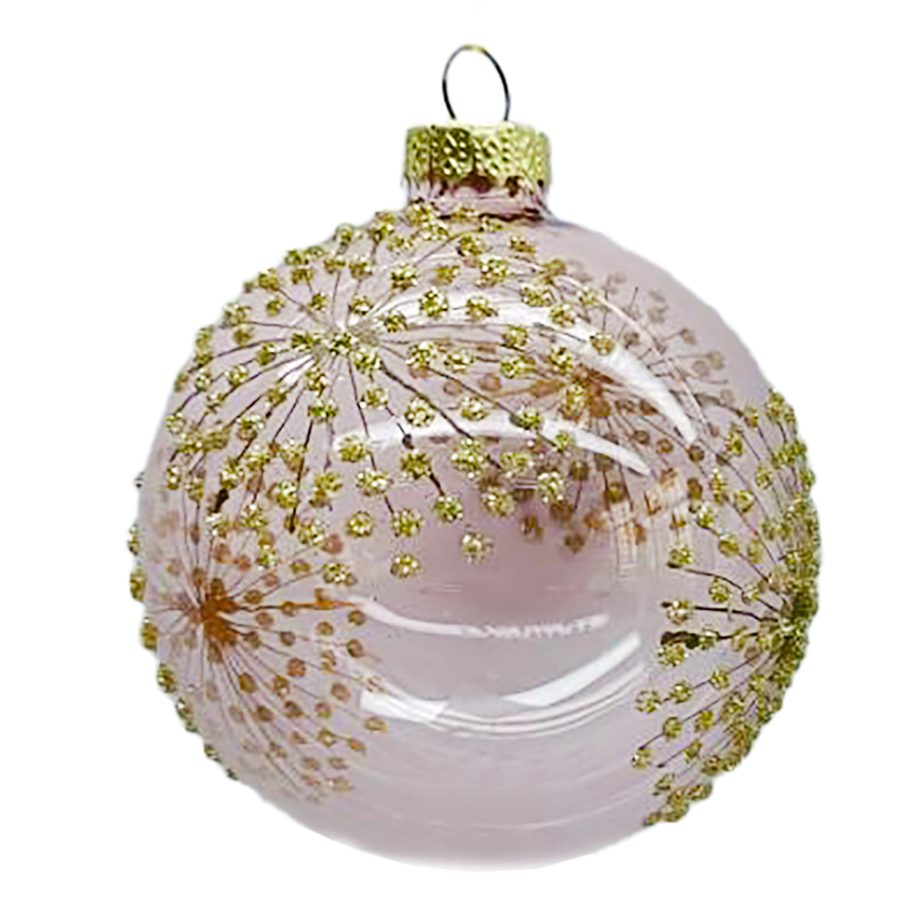 ORN GLASS BALL 3" PINK CLEAR W/ GOLD GLITTER