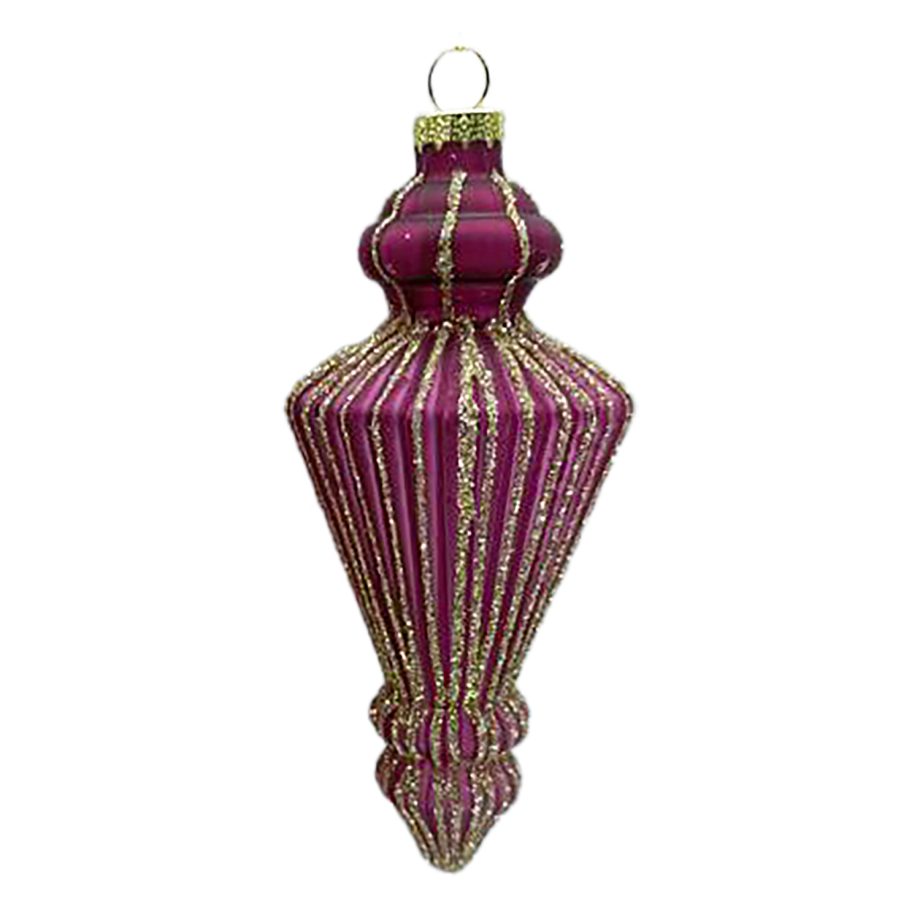 ORN GLASS FINIAL 6" MAUVE DARK W/ CHAMPAGNE GLITTER