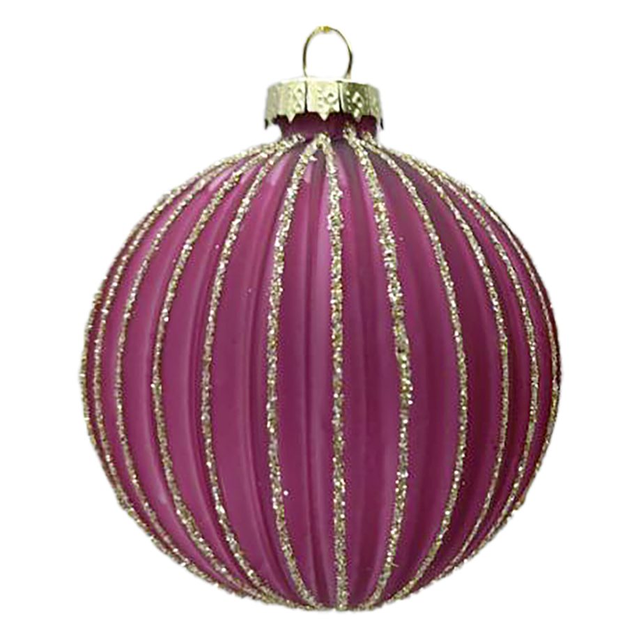 ORN GLASS BALL 3" DARK MAUVE MELON W/ CHAMPAGNE GLITTER