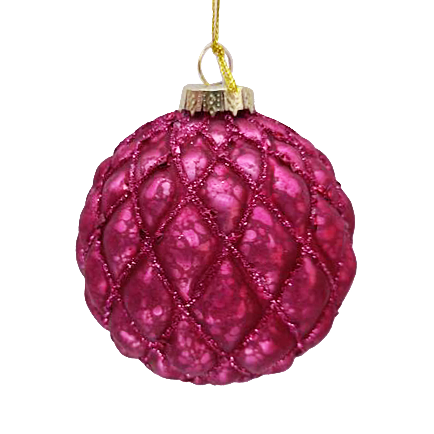 ORN GLASS BALL 3" FUCHSIA MATTE BUBBLE W/ CHAMPAGNE GLITTER