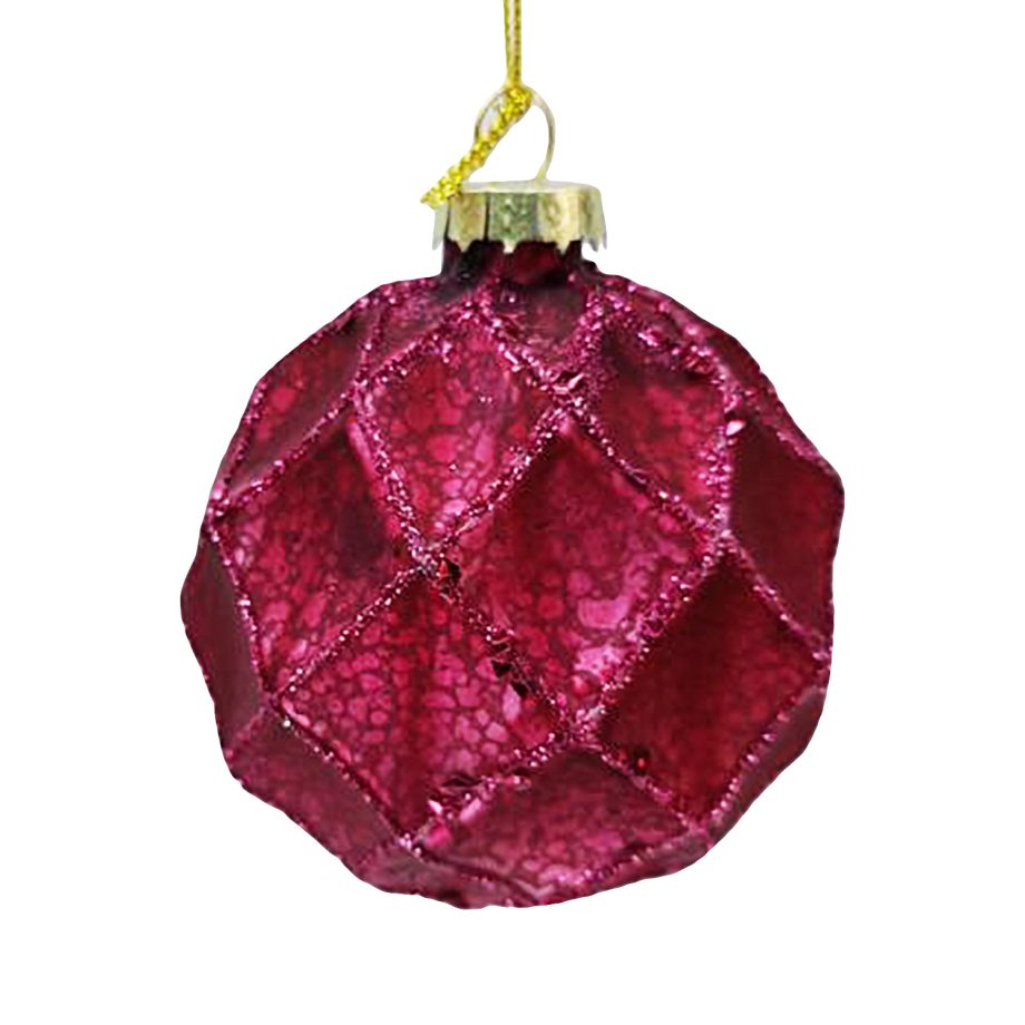 ORN GLASS BALL 3" FUSCHIA MATTE DIAMOND W/ GLITTER
