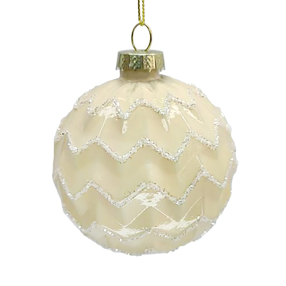 ORN GLASS BALL 3" CREAM PEARL ZIGZIG W/ GLITTER