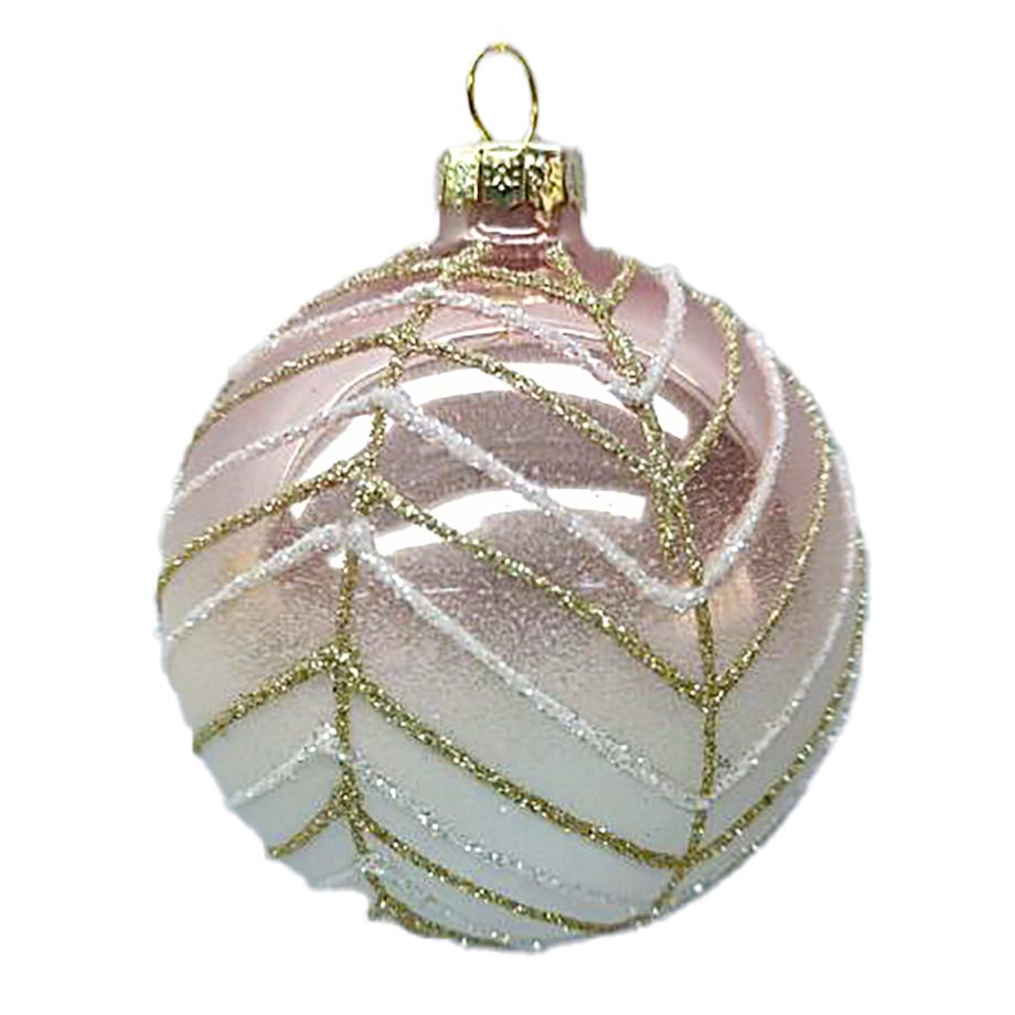 ORN GLASS BALL 3" ROSE GOLD SHINY W/ CHAMP./WHITE GLITTER