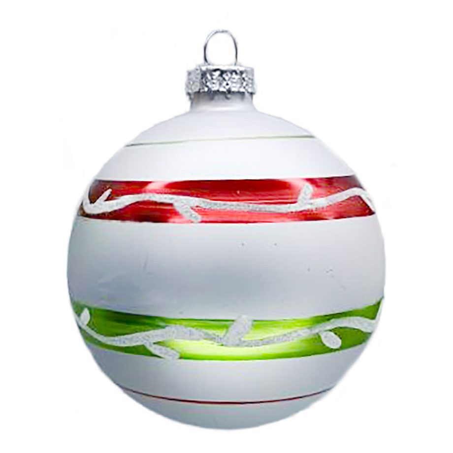 ORN GLASS BALL 3" WHITE MATTE W/ RED/GREEN LINE