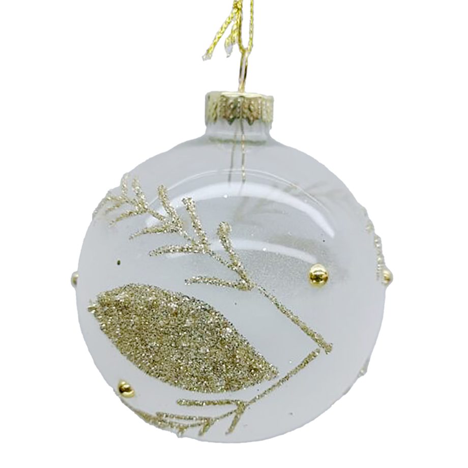 ORN GLASS BALL 3" CLEAR/FROST LEAF W/ CHAMPAGNE GLITTER