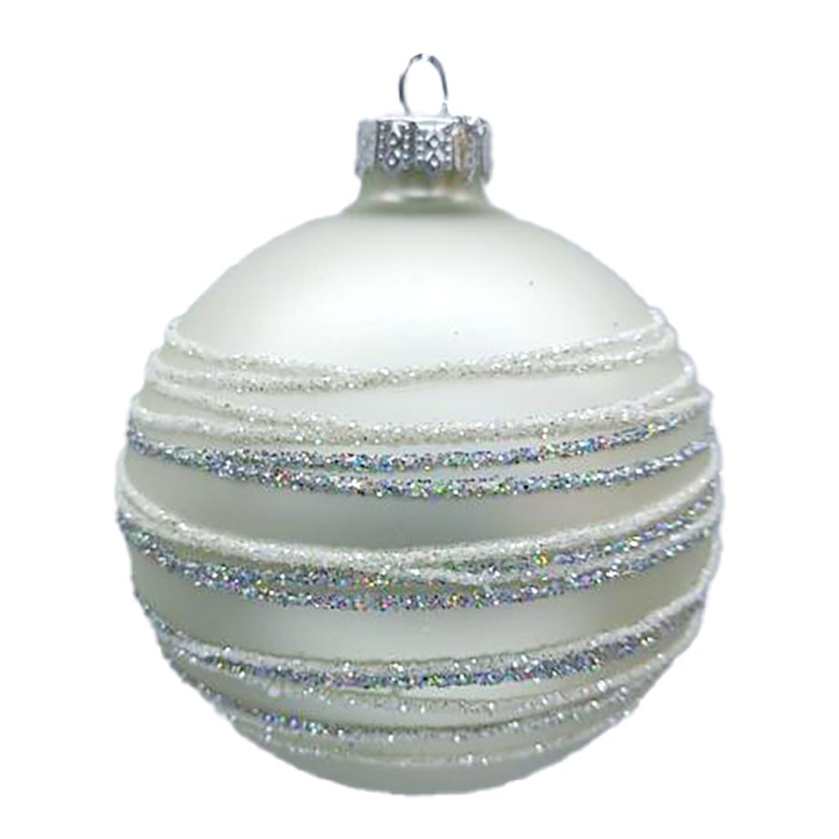 ORN GLASS BALL 3" WHITE MATTE RING W/ WHITE/SILVER GLITTER