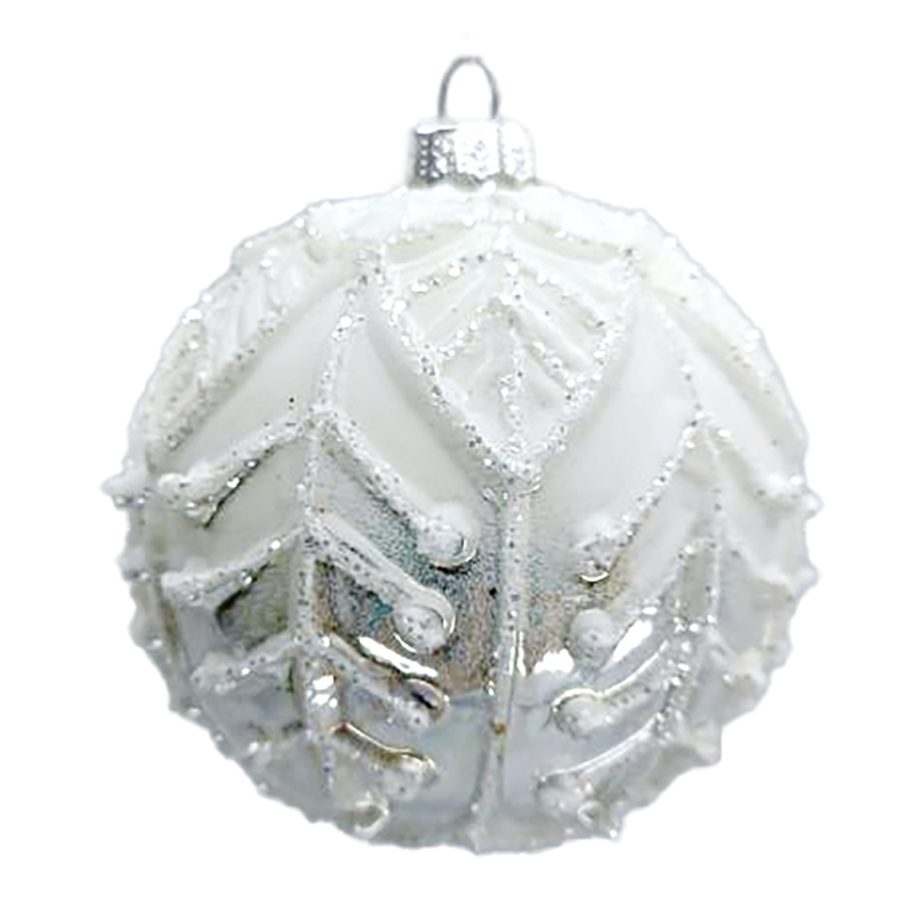 ORN GLASS BALL 3" SILVER/WHITE LEAF W/ WHITE GLITTER