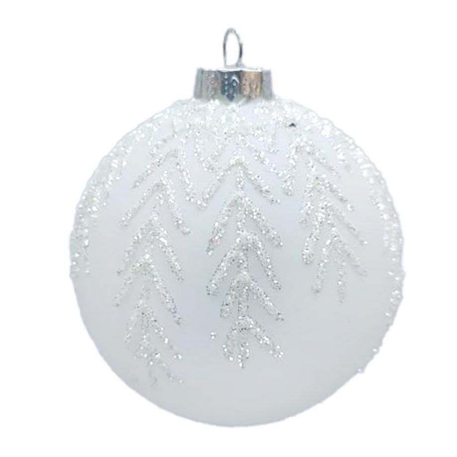 ORN GLASS BALL 3" WHITE MATTE FROST LEAF W/ GLITTER