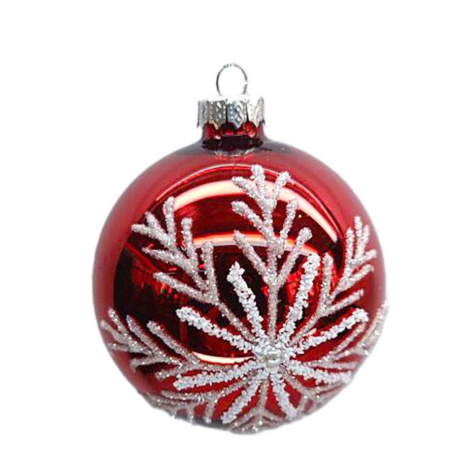 ORN GLASS BALL 3" RED SHINY SNOWFLAKE W/ WHITE GLITTER