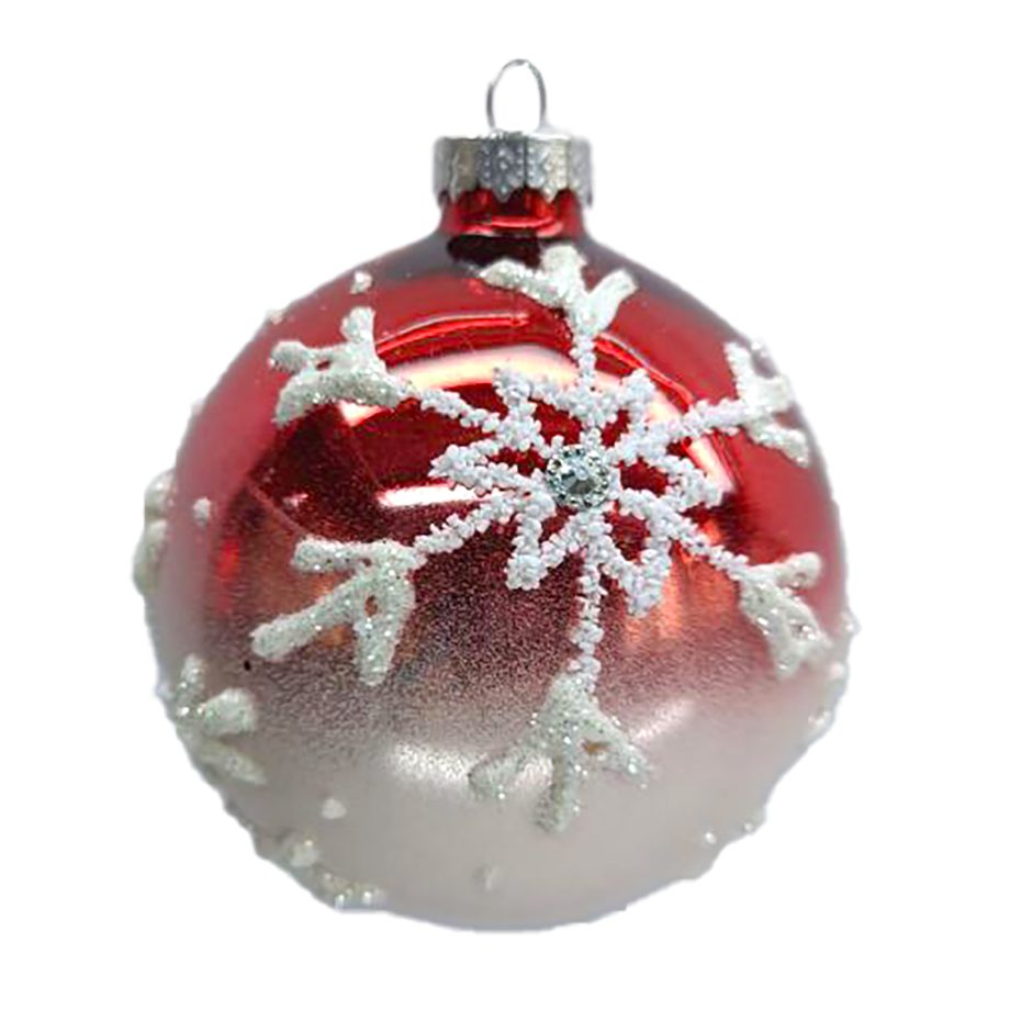 ORN GLASS BALL 3" RED SHINY/WHITE SNOWFLAKE W/ GLITTER