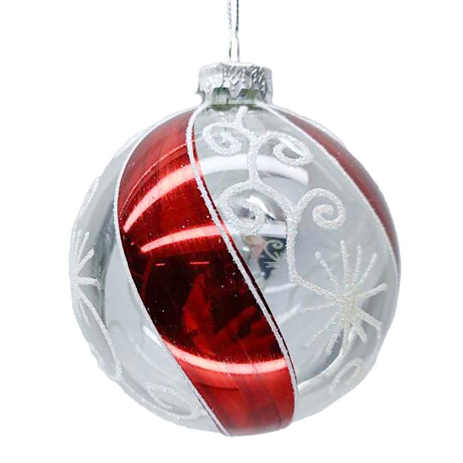 ORN GLASS BALL 4" CLEAR/ RED SWIRL W/ WHITE GLITTER