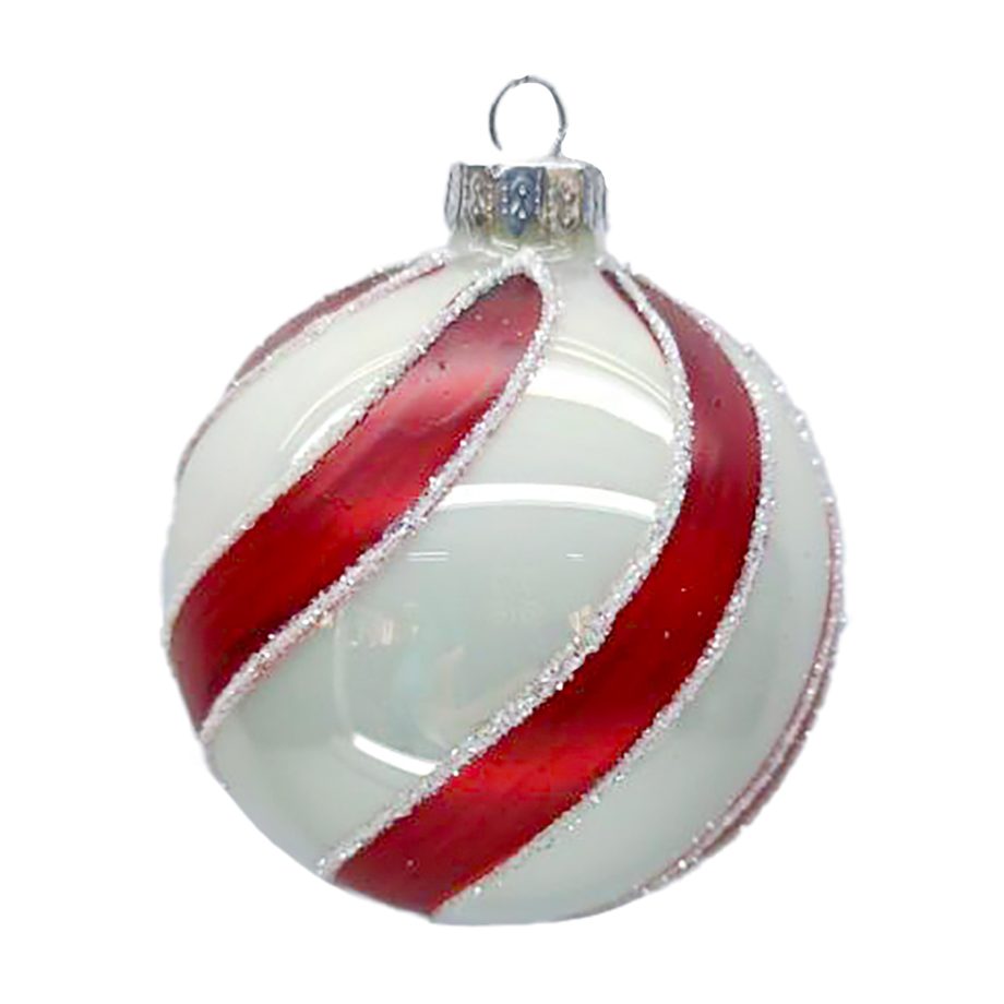 ORN GLASS BALL 3" WHITE SHINY RED SWIRL W/ GLITTER
