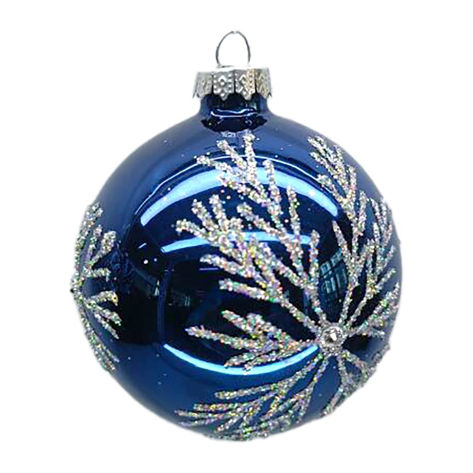 ORN GLASS BALL 3" BLUE SHINY SNOWFLAKE W/ WHITE GLITTER