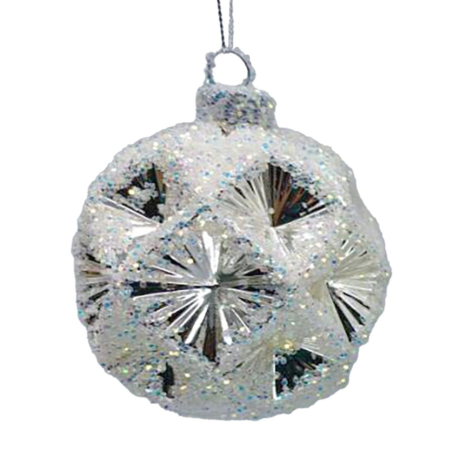 ORN GLASS BALL 3" SILVER FROST DIAMOND W/ ICE GLITTER