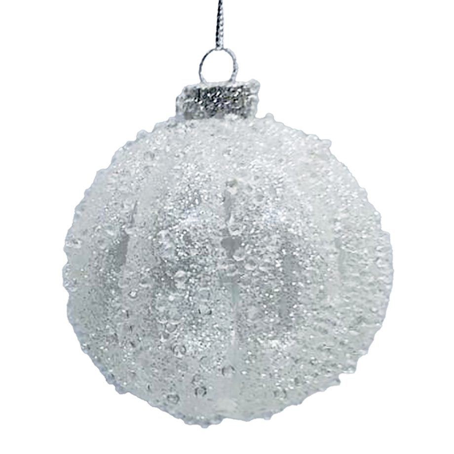 ORN GLASS BALL 3" WHITE FROST MELON W/ ICE GLITTER