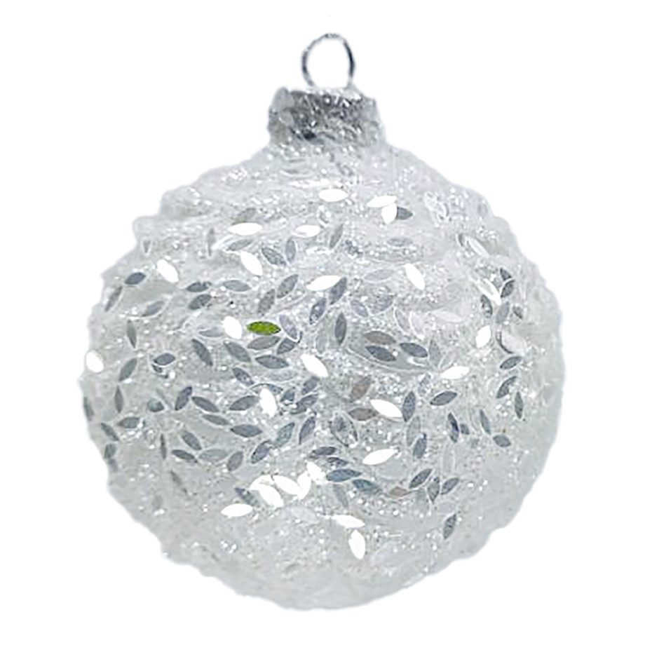 ORN GLASS BALL 3" WHITE FROST W/ LONG IRIDESCENT GLITTER