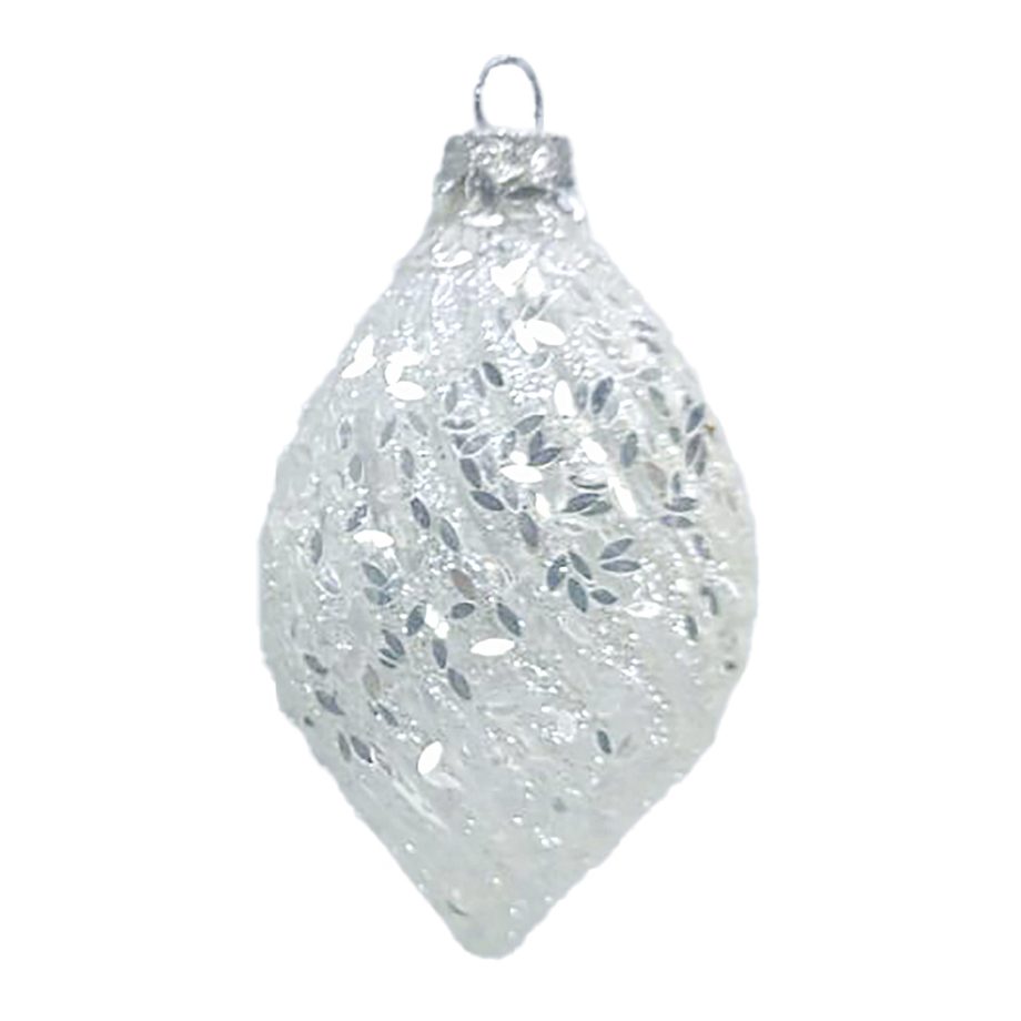 ORN GLASS FINIAL 4.3" WHITE FROST W/ LONG IRIDESCENT GLITTER