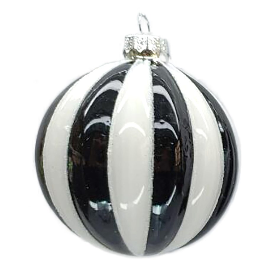 ORN GLASS BALL 3" BLACK/ WHITE MELON W/ WHITE GLITTER