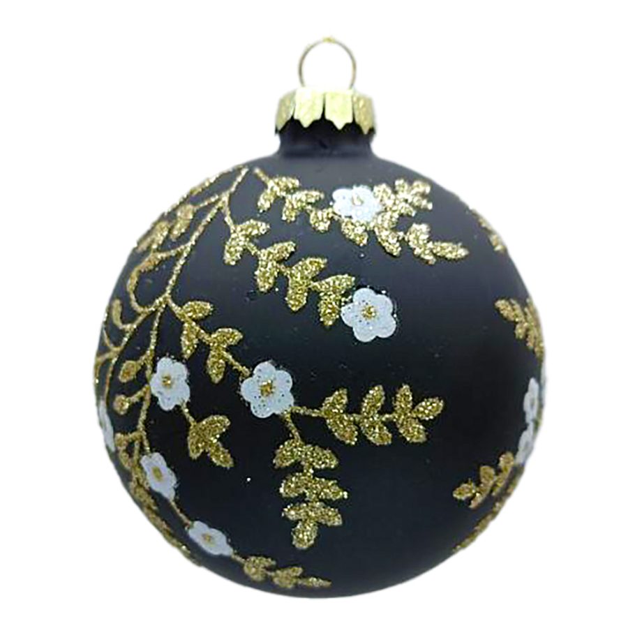 ORN GLASS BALL 3" BLACK SHINY FLORAL W/ CHAMPAGNE GLITTER