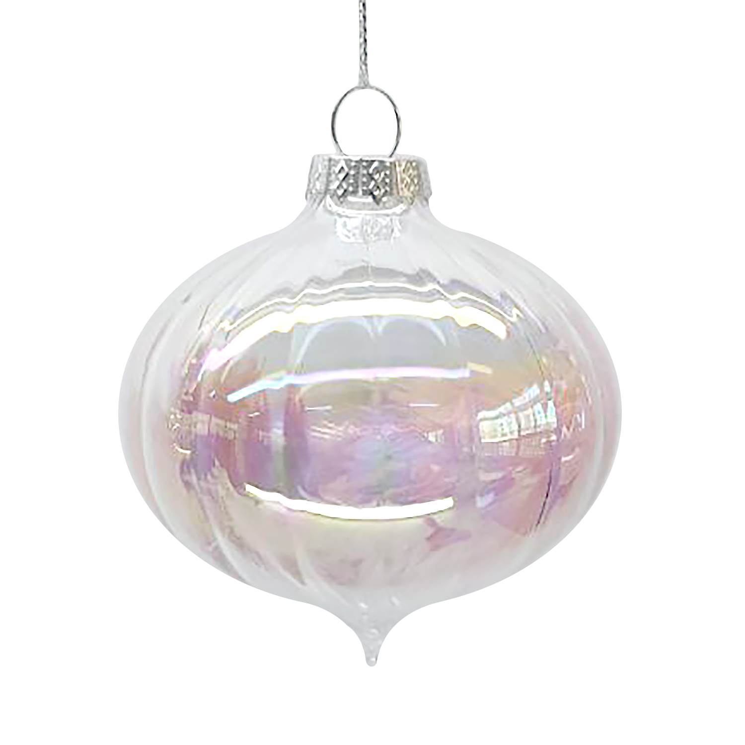 ORN GLASS DROP 3" CLEAR/PINK IRIDESCENT FINISH