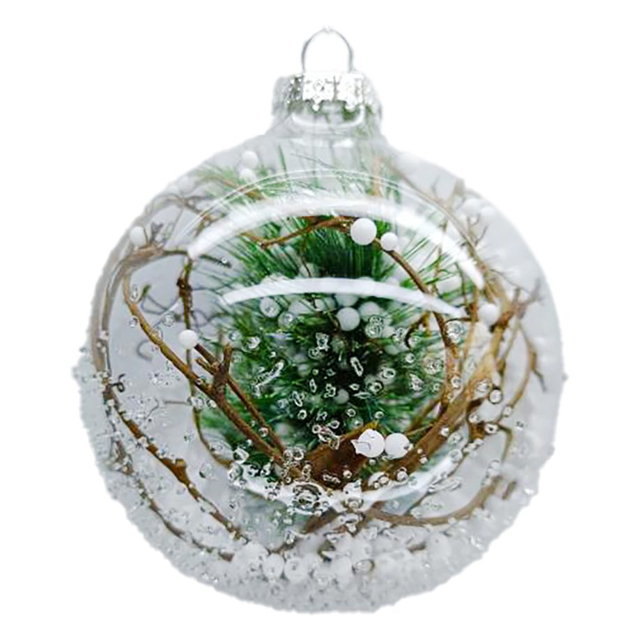 ORN GLASS BALL 4" CLEAR W/ TWIG, PINE & SNOW